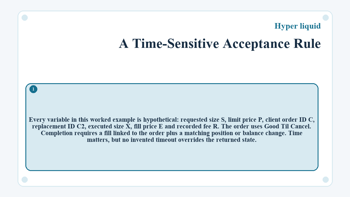 A Time-Sensitive Acceptance Rule: Every variable in this worked example is hypothetical: requested size S, limit price P, client order ID C, replacement ID C2, executed size X, fill price E and recorded fee R. The order uses Good Til Cancel. Completion requires a fill linked to the order plus a matching position or balance change. Time matters, but no invented timeout overrides the returned state.